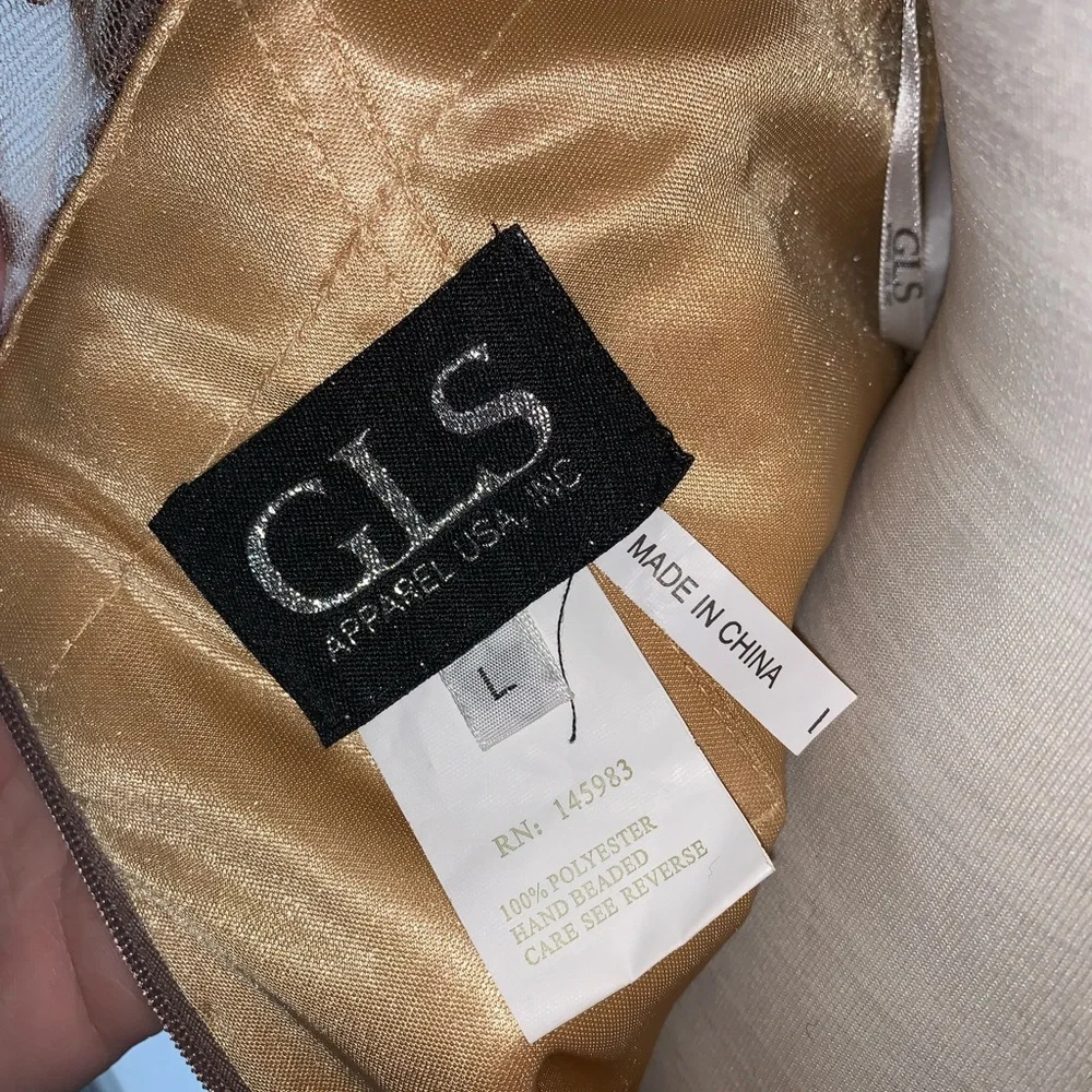 NWOT GLS Apparel Large Beaded Mocha Lace Nude Lined Mermaid Gown Cap Sleeves - Picture 8 of 15